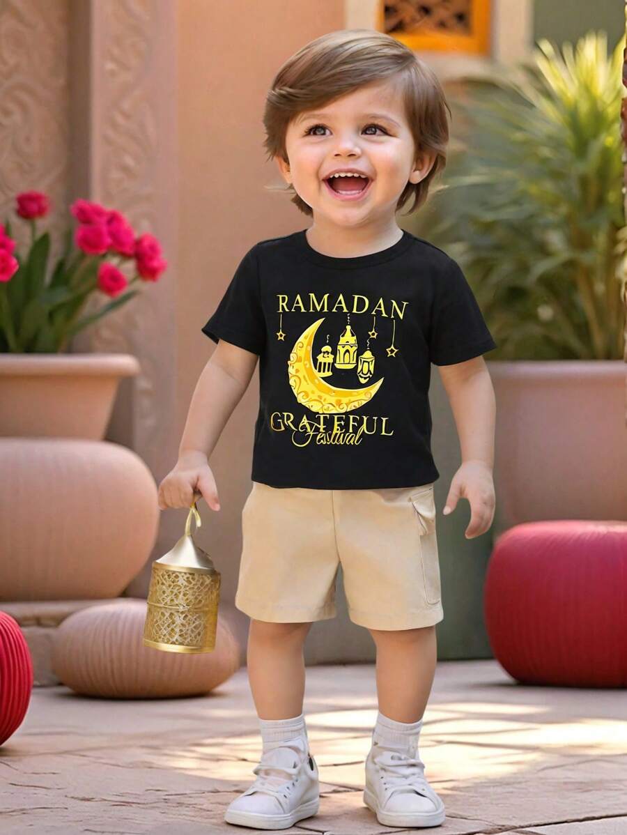 SHEIN Leap Crew Baby Boys Cute Cartoon Print Short Sleeve T-Shirt And Shorts 2 Pieces Set, Summer - Multicolor - View 1