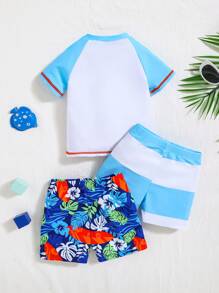 SHEIN Leap Crew 3 件套男婴/女婴可爱鱼图案短袖上衣、紧身短裤和泳裤套装，适合春夏旅行、海滩、游泳 - 淺藍色 - 查看 2