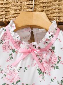 SHEIN Leap Crew Teen Girls Floral Print Woven Short Cap Sleeve Shirt With Bowknot Waist & Long Pants 2Pcs Set - Pink - View 3