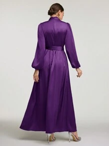 Veilorie 女士纯色立领褶皱灯笼袖优雅阿拉伯长裙长款晚礼服 - 紫色 - 查看 2
