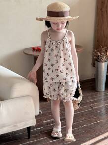 DAZY 2 件套年轻女孩休闲简约花卉吊带背心上衣和短裤，女孩夏季服装