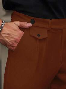 Manfinity Mode Pantalones de traje casuales de pierna recta y bolsillo con botón de unicolor para hombre - Marrón - Ver 3