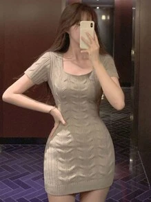 DAZY 女士粗针织短袖迷你毛衣裙，驼色，春夏 - 駝色 - 查看 4