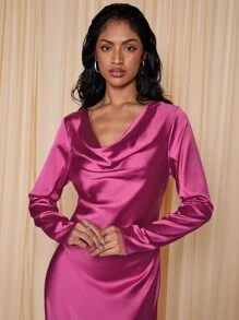 COSMINA Women's Elegant Solid Color Draped Neck Mini Dress - Pink - View 6