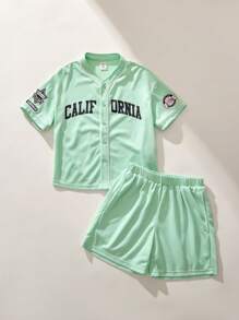 SHEIN Boys Green Loose Crew Neck White Stem Letter Print Sweatshirt & Loose Drawstring Shorts Sets, Sportswear Style, Spring - Green - View 1