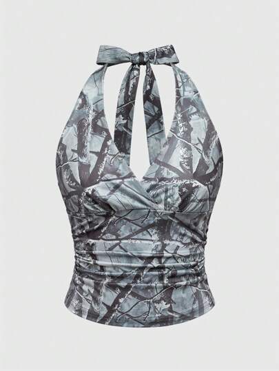 Women's Branch Print Ruched Halter Tie Tank Top,Summer Outfits ,Summer Clothes