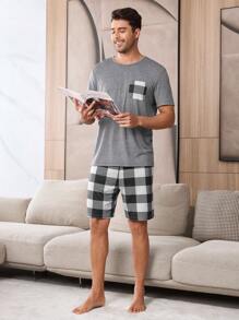 SHEIN 男士格子印花短袖和短裤两件套睡衣套装 - 灰色 - 查看 3