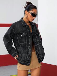 SHEIN ICON 时尚街头休闲宽松黑色牛仔女式夹克 - 黑色 - 查看 3