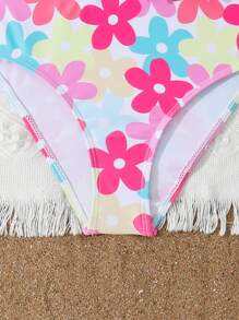 Tween Girl 纯色拼接蝴蝶结装饰可调节肩带连体泳衣，适合度假、海滩、游泳