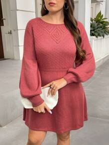 Calvaya Plus Size Solid Color Lantern Sleeve Sweater Dress, Casual Style For Autumn/Winter - Watermelon Pink - View 4