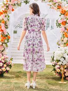 Wildeya 1 Stück Teenager Mädchen Lila Rüschen Kragen Puff Ärmel Kurzarm Organza Muster Kleid, feminin & elegant, Frühling/Sommer, Ferien, Sommer, Reise