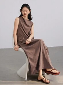 Dazy-Less Damen Einfarbiges Leinen Loose Vest Design Patchwork Midi Kleid Business Lässig