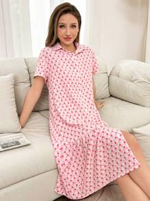 Dream Adore 女士心形格子拼接荷叶边下摆睡裙 - 粉色 - 查看 6