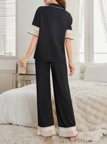 Color Block Ruffle Patchwork Jacquard Lapel Short Sleeve Pajama Set For Women - Black - View 2