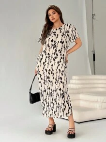 SHEIN EZwear Plus Size Black Fabric Printed Apricot Dress - Black and White - View 5