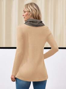 Miaspire 女式纽扣衬衫 女式长袖衬衫 通勤服装 黑色拼色格子女式长袖高领衫 女式 T 恤 - 卡其色 - 查看 2