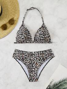 SHEIN Teen Girl Leopard Print Spaghetti Strap Cropped Tankini Swimwear Set, Summer Holiday - Brown - View 3