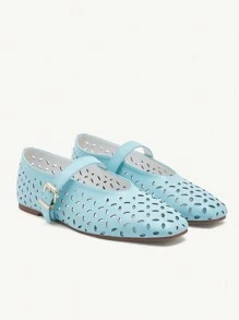 CUCCOO CHICEST Women's Summer Light Blue Round Toe Comfortable Mary Jane Retro Minimalist Laser Floral Flat Shoes Spring Shoes Spring Break Easter - Ice Water - View 9