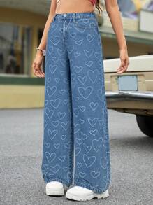 SHEIN 少女复古水洗休闲牛仔裤，复古 Y2K 街头风格 - 中等水洗藍 - 查看 1