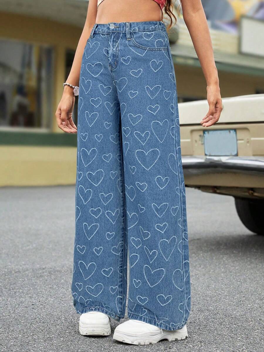 SHEIN 少女复古水洗休闲牛仔裤，复古 Y2K 街头风格 - 中等水洗藍 - 查看 1