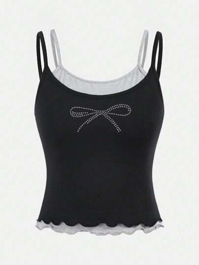 SHEIN Girlism TEENGIRL Black Patchwork Contrast Color Bow Rhinestone Decor Spaghetti Strap Camisole, Casual Versatile Style