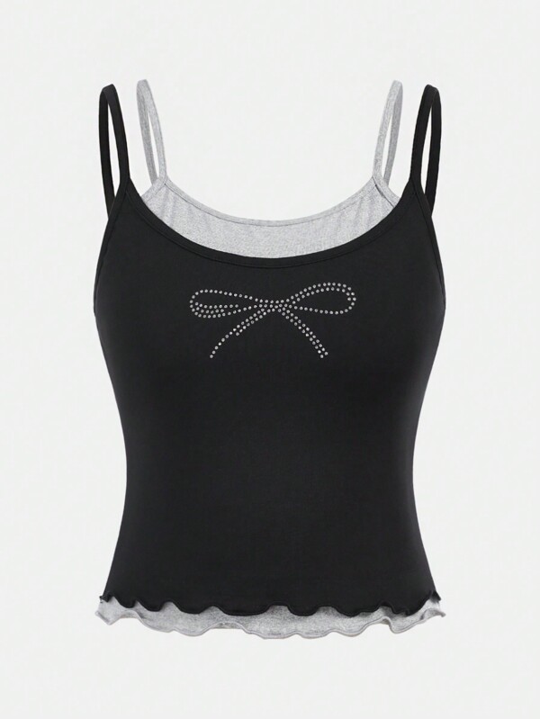 SHEIN Girlism TEENGIRL 黑色拼布撞色蝴蝶结水钻装饰细肩带吊带背心，休闲时尚百搭风格