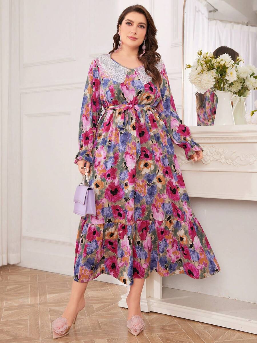 Modelyn Plus Size Women Floral Print Contrast Lace Midi Dress - Purple - View 1