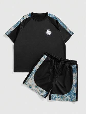 Street Life Men Floral Solid Color Patchwork Round Neck Short Sleeve Print Casual Top And Shorts Set