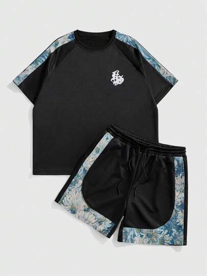 Street Life Herren Einfarbiges Patchwork Set aus Rundhals Kurzarm Top mit Muster und Shorts im lässigen Stil