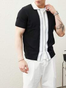 Manfinity Hypemode Men's Casual Color Blocking Short Sleeve Cardigan Relaxed Fit T Shirt For Men