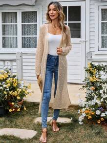 EMERY ROSE Women's Holiday Casual Solid Color Hollow Knitted Side Slit Thin Cardigan - Apricot - View 5
