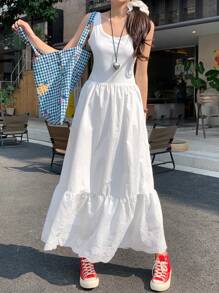 DAZY Women's Vacation Casual Solid Color Hollow Embroidery Sleeveless Dress Summer