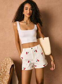 Poéselle Quần short cạp thấp thêu hoa anh đào trắng, quần short vải chéo trắng, thích hợp cho các hoạt động hàng ngày, đi chơi, lễ hội âm nhạc, hòa nhạc đồng quê. - trắng - Xem 2