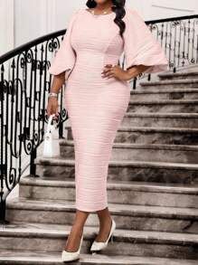 SHEIN Lady 春夏优雅通勤办公室粉色针织纹理圆领铅笔喇叭袖中长袖大码连衣裙优雅女装高档服装夏季女士夏装夏季连衣裙夏装女士春装大码女装 - 粉色 - 查看 4