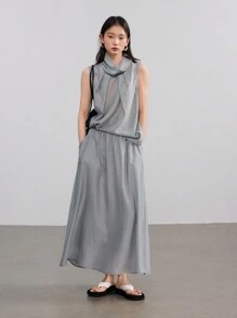 Dazy-Less 2pcs Women Pleated Linen Collar Set Old Money Style - Grey - View 3