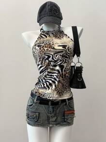 SHEIN EZwear Lễ hội âm nhạc đồ họa phương Tây dành cho nữ mùa hè Áo crop top hở lưng họa tiết da báo - Nhiều màu - Xem 5