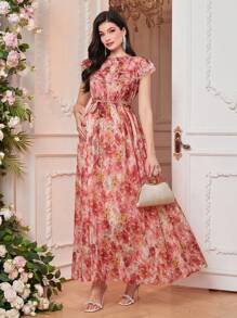 SHEIN Maternity Tie Dye Ruffle Edge Cap Sleeve Elegant Dress - Multicolor - View 4