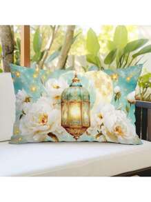 2 件装柔软斋月枕套 - 月亮和水彩花卉设计，非常适合开斋节装饰，带拉链封口的涤纶靠垫套，适合客厅和卧室 - 彩色 - 查看 6