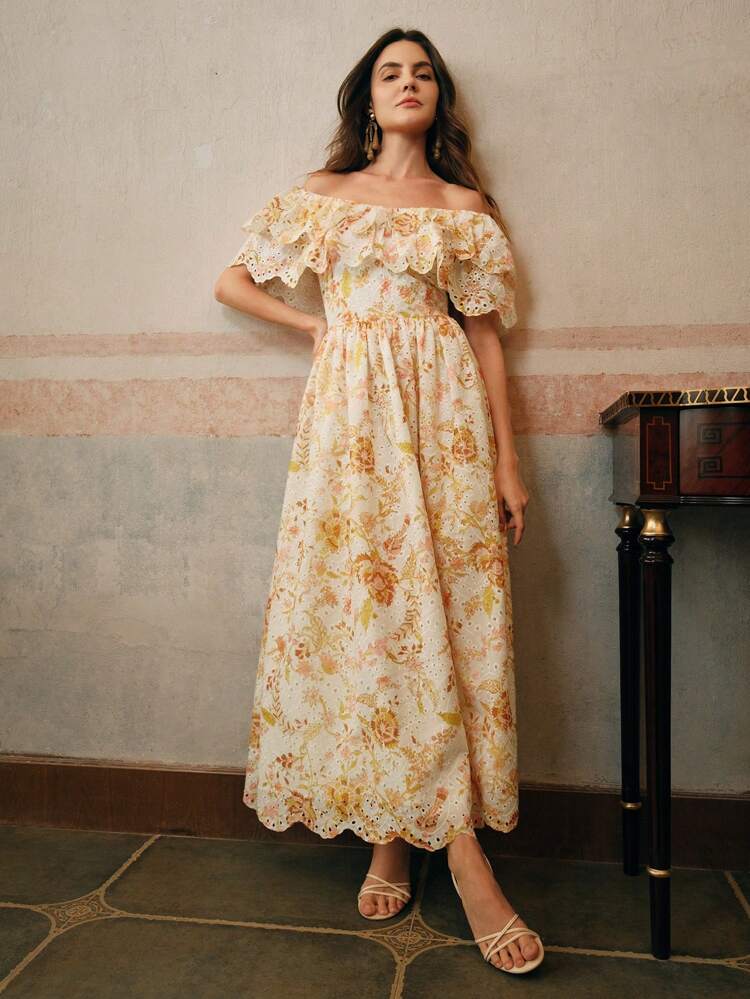 Women's Elegant Off Shoulder Ruffled Hollow-Out Floral Embroidered Dress, Beach Resort Festival Going Out Vacation Outfits, Spring/Summer Women Resort Wear Love And Lemonade Dresses