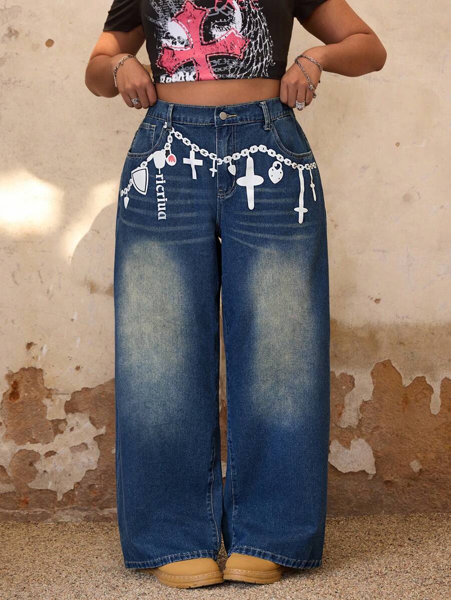SHEIN ICON Plus Size Women Loose Relaxed Wide Leg Jeans - Blue - View 1