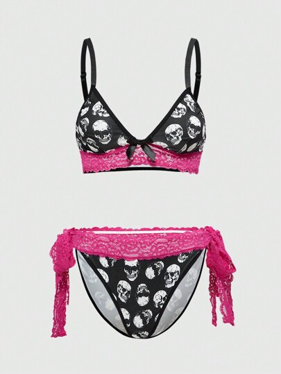 Goth Rose & Contrast Lace Skull Print Sexy Lingerie Set For Women
