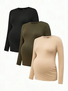 SHEIN 3-Piece Maternity Round Neck Long Sleeve Bodycon T-Shirt Set, Casual - Army Green - View 1