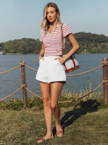 SHEIN LUNE 女式短袖 T 恤，带马球领，红白条纹，腰部有褶 - 紅白色 - 查看 5