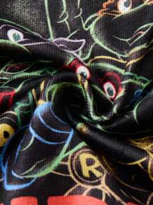 TEENAGE MUTANT NINJA TURTLES | SHEIN Young Boy Fashionable Glow-In-The-Dark Full Print Turtle Pattern Knitted Snug Fit Pajama Set - Black - View 8