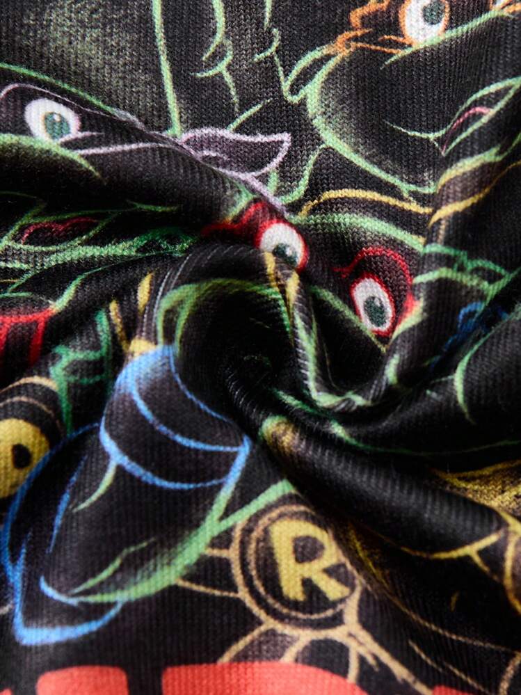 TEENAGE MUTANT NINJA TURTLES | SHEIN 年轻男孩时尚夜光全印花海龟图案针织紧身睡衣套装 - 黑色 - 查看 8