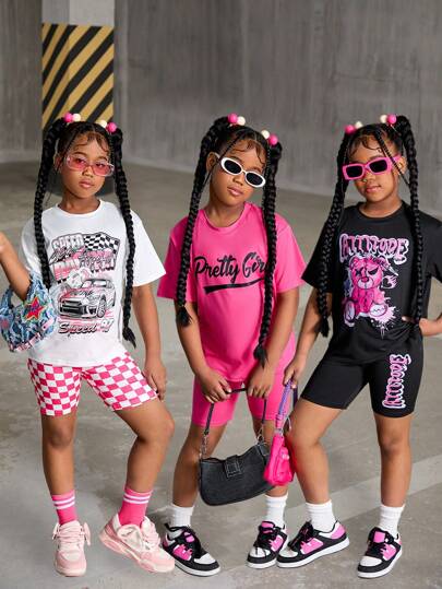 SHEIN Explorewe 6pcs Set Tween Girls Casual Street Bear & Racecar Graphic Letter Print Short Sleeve Top And Bike Shorts 2 Pieces Set, School, Campus, College