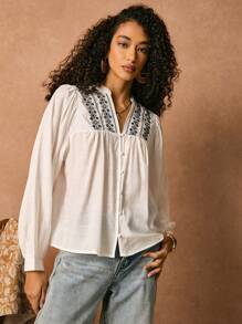 Poéselle 白色亚麻绣花衬衫，刺绣精致，面料舒适，沙滩女装，女士纯色拼接长袖V领休闲衬衫，波西米亚风