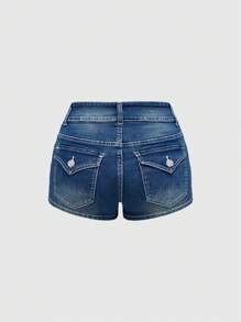 ROMWE Fairycore Low Rise Y2K Vintage Floral Embroidery Tattoo Print Skinny Denim Shorts - Blue - View 2