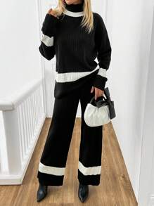 SHEIN Cottnline 2pcs/Set Women Crew Neck Color Block Detail Sweater And Casual Pants Set - Grey - View 1