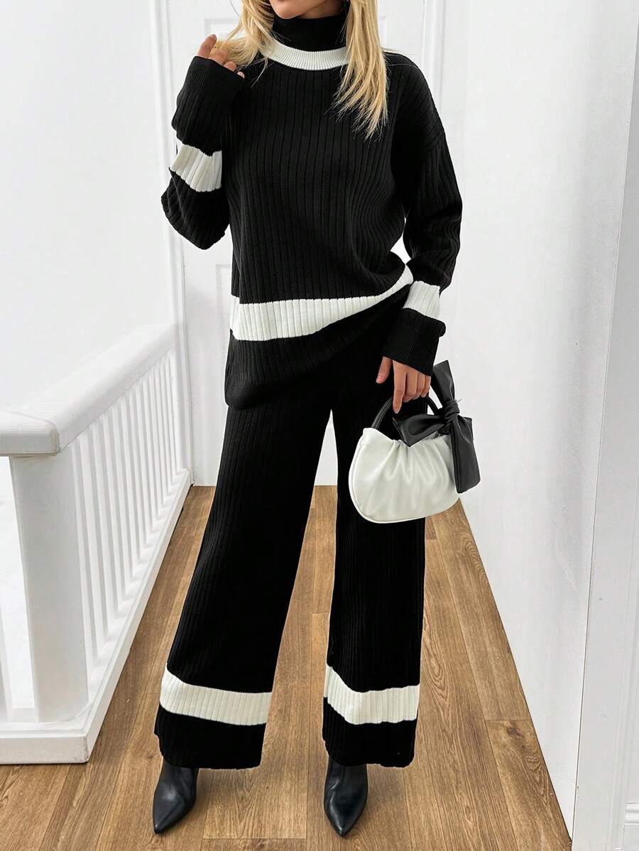 SHEIN Cottnline 2pcs/Set Women Crew Neck Color Block Detail Sweater And Casual Pants Set - Grey - View 1